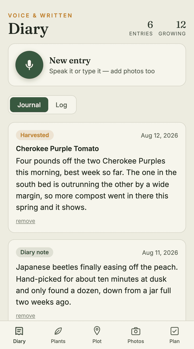 The Garden diary screen on a phone, with a voice entry button and tabs for plants, plot, photos, and plan.